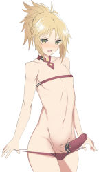 Rule 34 | 1boy, :o, adapted costume, antenna hair, areola slip, bad id, bad pixiv id, bare arms, bare shoulders, bikini, bikini pull, blonde hair, blush, braid, clothes pull, collarbone, commentary request, condom, cowboy shot, detached collar, erection, fang, fate/apocrypha, fate (series), french braid, genderswap, genderswap (ftm), green eyes, groin, highres, looking at viewer, male focus, micro bikini, mordred (fate), mordred (fate/apocrypha), navel, nose blush, open mouth, penis, penis sheath, ponytail, recursive genderswap, red bikini, short hair, short ponytail, sidelocks, simple background, solo, standing, stomach, strapless, strapless bikini, swimsuit, testicle peek, testicles, trap, tsurime, v-shaped eyebrows, white background, wing228