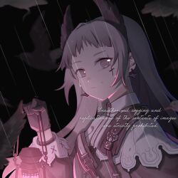 Rule 34 | 1girl, animal, arknights, bird, black background, black gloves, black jacket, closed mouth, commentary request, earrings, english text, gloves, grey eyes, grey hair, highres, holding, holding lantern, irene (arknights), jacket, jewelry, kiscript, lantern, long hair, long sleeves, looking at viewer, puffy long sleeves, puffy sleeves, rain, simple background, solo, upper body, watermark, wet