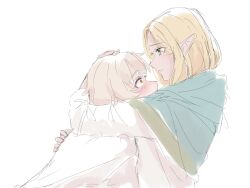 Rule 34 | 2girls, blonde hair, blue cape, blush, bright pupils, brown eyes, cape, closed mouth, commentary request, dol ce hmhn, dungeon meshi, elf, falin thorden, falin thorden (tallman), green eyes, hand on another&#039;s back, hand on another&#039;s head, highres, hug, light brown hair, looking at another, marcille donato, multiple girls, pointy ears, shirt, short hair, simple background, upper body, white background, white pupils, white shirt, yuri