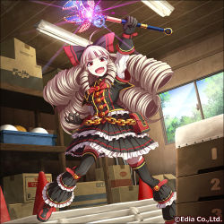 Rule 34 | 1girl, ahoge, ball, basketball, basketball (object), blonde hair, blunt bangs, box, chain, commentary request, company name, drill hair, fang, fluorescent lamp, frills, gloves, gothic lolita, gym storeroom, indoors, k-suwabe, lolita fashion, long hair, official art, open mouth, pit!, pouch, red eyes, red footwear, shoes, solo, storage room, thighhighs, traffic cone, vaulting horse, volleyball, volleyball (object), wand, window, wrench