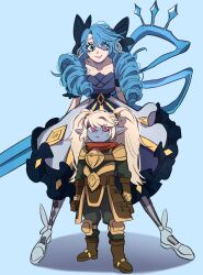 Rule 34 | 2girls, armor, belt, black bow, black dress, blonde hair, blue hair, blue skin, bow, brown belt, brown footwear, brown pants, collarbone, colored skin, dress, drill hair, gradient background, green eyes, grey dress, gwen (league of legends), hair bow, highres, holding, holding scissors, jiha (ssa2026b), league of legends, long sleeves, looking at viewer, multiple girls, oversized object, pants, pantyhose, pink eyes, pointy ears, poppy (league of legends), red scarf, scarf, scissors, shoes, shoulder plates, standing, striped clothes, striped pantyhose, twin drills, twintails, yordle