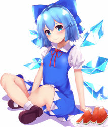 Rule 34 | 1girl, absurdres, black footwear, blue bow, blue dress, blue eyes, blue hair, bob cut, bow, cirno, closed mouth, collared dress, commentary, dress, food, fruit, hair bow, highres, ice, ice wings, indian style, kurokimono001, looking at viewer, mary janes, medium dress, neck ribbon, plate, puffy short sleeves, puffy sleeves, red ribbon, ribbon, shoes, short hair, short sleeves, simple background, sitting, smile, socks, solo, symbol-only commentary, touhou, watermelon, watermelon slice, white background, white socks, wing collar, wings