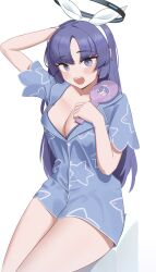 Rule 34 | 1girl, absurdres, arm behind head, blue archive, blue bra, blue shirt, blush, bra, breasts, hairband, halo, highres, holding, large breasts, long hair, looking at viewer, mechanical halo, open mouth, pajamas, parted bangs, purple eyes, purple hair, ryua (user kedz2257), shirt, short sleeves, simple background, sitting, solo, surprised, thighs, underwear, white background, white hairband, yuuka (blue archive)