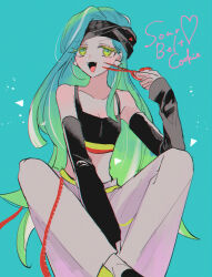 Rule 34 | 1girl, aqua eyes, character name, cookie run, crop top, detached sleeves, green eyes, happy, highres, humanization, long hair, mamimumemo, multicolored hair, open mouth, panties, personification, scissors, shirt, sleeveless, sleeveless shirt, smile, solo, sour belt cookie, spaghetti strap, two-tone hair, underwear, white panties