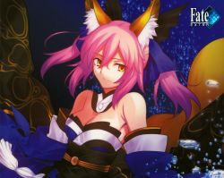 Rule 34 | 10s, 1girl, animal ear fluff, animal ears, bare shoulders, breasts, cleavage, copyright name, detached sleeves, fate/extra, fate (series), fox ears, hair between eyes, japanese clothes, large breasts, light smile, pink hair, short hair, solo, takeuchi takashi, tamamo no mae (fate/extra), twintails, type-moon, yellow eyes
