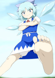 Rule 34 | 1girl, barefoot, bloomers, blue eyes, blue hair, bonobo (gma), bow, cirno, crossed arms, dress, flying, foot focus, hair bow, highres, ice, ice wings, sash, short hair, smile, solo, touhou, underwear, wings