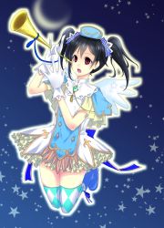 Rule 34 | 10s, 1girl, \m/, black hair, boots, bow, dress, female focus, frills, full body, gloves, gradient background, hair bow, hat, instrument, love live!, love live! school idol festival, love live! school idol project, mirukixtotoko, moon, night, night sky, nurse cap, open mouth, outdoors, red eyes, sky, solo, star (symbol), thighhighs, trumpet, twintails, wings, yazawa nico, zettai ryouiki