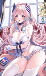 Rule 34 | 1girl, :o, absurdres, alternate breast size, book, breasts, camisole, choker, cleavage, curtains, curvy, flower, genshin impact, gloves, hair ornament, highres, index finger raised, jewelry, large breasts, long hair, midriff, navel, necklace, open mouth, pink hair, purple eyes, sak (lemondisk), sangonomiya kokomi, sitting, solo, stomach, thighhighs, thighs, vase, very long hair, wavy hair, white flower, white gloves, white thighhighs, window