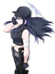 Rule 34 | 1girl, bandaged arm, bandages, bare shoulders, baseball cap, belt, black gloves, black hair, black hat, black shirt, blue archive, blue eyes, breasts, commentary request, cowboy shot, crop top, floating hair, gloves, gun, halo, hand up, hat, highres, holding, holding gun, holding weapon, large breasts, long hair, midriff, navel, partial commentary, rifle, saori (blue archive), shin ala, shirt, sleeveless, sleeveless shirt, solo, standing, stomach, weapon