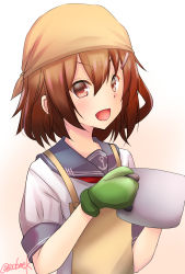 Rule 34 | 1girl, adapted costume, alternate sleeve length, anchor symbol, apron, bandana, blue sailor collar, brown hair, commentary request, fang, gradient background, hair ornament, hairclip, highres, ikazuchi (kancolle), kamijou sadame, kantai collection, looking at viewer, neckerchief, one-hour drawing challenge, open mouth, oven mitts, pot, red neckerchief, sailor collar, school uniform, serafuku, short hair, skin fang, smile, solo, upper body, white background, yellow apron