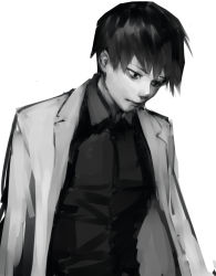 Rule 34 | 1boy, closed mouth, collared shirt, commentary request, greyscale, jacket, jacket on shoulders, looking down, male focus, mole, mole under eye, monochrome, shiromi (ringo), shirt, short hair, solo, tokyo ghoul, tokyo ghoul:re, upper body, urie kuki