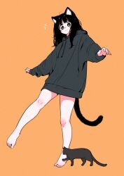 Rule 34 | 1girl, animal ear fluff, animal ears, bare legs, barefoot, black cat, black eyes, black hair, blush, blush stickers, bright pupils, cat, cat ears, cat girl, cat tail, emphasis lines, feet, full body, grey hoodie, highres, hood, hoodie, looking at viewer, megateru, no pants, nose blush, orange background, original, outstretched arms, oversized clothes, smile, solo, standing, standing on one leg, tail, toes, white pupils