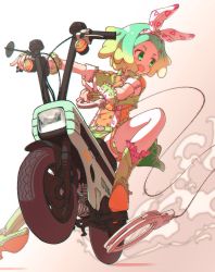 Rule 34 | 1girl, bad id, bad twitter id, boots, cloud, commentary request, copyright request, cuffs, fang, fingerless gloves, frilled boots, frills, gloves, gradient hair, green eyes, green hair, hair ornament, hairclip, handcuffs, highres, knees up, motor vehicle, motorcycle, multicolored hair, open mouth, ruru ashihara, short hair, short sleeves, shorts, solo