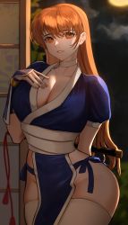 Rule 34 | 1girl, absurdres, arm behind back, arm guards, arms behind back, ayuyaki, blue dress, breasts, brown eyes, brown hair, choker, cleavage, cloud, curvy, dead or alive, detached sleeves, dress, full body, hair ribbon, hand on own chest, high ponytail, highres, kasumi (doa), large breasts, long hair, looking at viewer, moon, night, night sky, ninja, no bra, no panties, panties, pelvic curtain, ribbon, shaded face, short sleeves, sky, solo, standing, tabi, thick thighs, thighhighs, thighs, underwear, white choker, white thighhighs, wide hips, yellow ribbon
