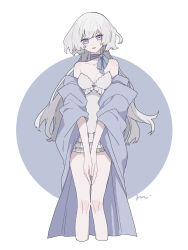 Rule 34 | 1girl, bare shoulders, blue background, blue eyes, blue jacket, blue theme, breasts, choker, cleavage, collarbone, covered navel, cropped legs, dress, frills, grey hair, highres, jacket, long hair, looking at viewer, maco22, medium breasts, original, own hands together, signature, simple background, smile, solo, strapless, strapless dress, two-tone background, white background, white dress