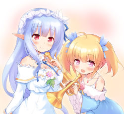 Rule 34 | 2girls, :d, ahoge, bare shoulders, blonde hair, blue dress, blue hair, blue ribbon, blush, breasts, cleavage, closed mouth, collarbone, commentary request, dress, flower, hair ornament, hair ribbon, holding, holding instrument, instrument, iris mysteria!, jewelry, lily (iris mysteria!), long hair, long sleeves, medium breasts, multiple girls, off-shoulder dress, off shoulder, open mouth, pendant, pink flower, pink rose, pointy ears, purple eyes, red eyes, ribbon, rose, smile, trumpet, twintails, very long hair, white dress, white flower, wide sleeves, yuu (iris mysteria!), yuu (yumezakura)