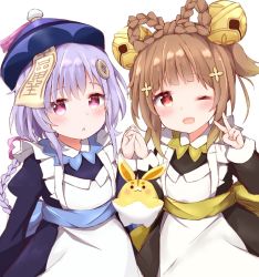 Rule 34 | 2girls, alternate costume, apron, black dress, blush, bow-shaped hair, braid, braided ponytail, brown hair, coin hair ornament, commentary request, dress, enmaided, genshin impact, hair ornament, hat, holding hands, maid, multiple girls, ofuda, one eye closed, open mouth, parted lips, ponytail, purple hair, qingdai guanmao, qiqi (genshin impact), red eyes, short hair with long locks, simple background, smile, tutsucha illust, upper body, v, white apron, white background, yaoyao (genshin impact)