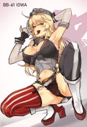 Rule 34 | 1girl, age difference, areola slip, arm up, armpits, asymmetrical legwear, belt, black panties, black thighhighs, blue eyes, blush, boots, breasts, cameltoe, character name, cleavage, clothes lift, collar, corset, crop top, dongsa wonhyong, elbow gloves, fellatio gesture, from below, front-tie top, full body, garter straps, gloves, grey hat, half-closed eyes, hat, highres, iowa (kancolle), kantai collection, knee boots, large breasts, looking at viewer, looking down, microskirt, mismatched legwear, naughty face, navel, open mouth, panties, red thighhighs, saliva, saliva trail, skirt, skirt lift, solo, spread legs, squatting, striped clothes, striped thighhighs, symbol-shaped pupils, thighhighs, thighs, tongue, tongue out, tsurime, underwear, upskirt, vertical-striped clothes, vertical-striped thighhighs, white footwear, white gloves, wide hips, wrist cuffs