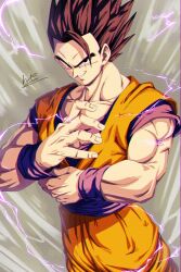 Rule 34 | 1boy, bad id, bad twitter id, black eyes, black hair, blue shirt, commentary request, dougi, dragon ball, dragonball z, electricity, grin, highres, looking at viewer, male focus, muscular, muscular male, orange pants, orange shirt, pants, potential unleashed, sekitsuki hayato, shirt, signature, smile, solo, son gohan, spiked hair, standing