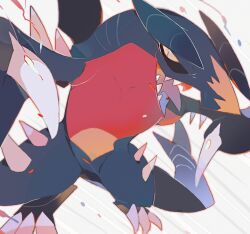 Rule 34 | akadako, animal focus, bags under eyes, black sclera, claws, collarbone, colored sclera, creatures (company), game freak, garchomp, gen 4 pokemon, grey background, looking to the side, nintendo, no humans, one-hour drawing challenge, open mouth, orange outline, pokemon, pokemon (creature), sharp teeth, slit pupils, solo, spikes, standing, teeth, tongue, tongue out, yellow eyes