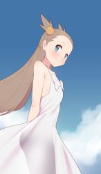 Rule 34 | 1girl, aqua eyes, arms behind back, bare arms, blush, bow, brown hair, closed mouth, cloud, commentary request, creatures (company), day, dress, dress bow, game freak, hair bobbles, hair ornament, highres, jasmine (pokemon), long hair, looking to the side, maidforge, nintendo, no pupils, outdoors, pokemon, pokemon gsc, sky, smile, solo, white dress