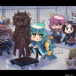 Rule 34 | 021 shiro, 1boy, 4girls, :3, ^^^, absurdres, against wall, animal ear fluff, animal ears, artist name, bare shoulders, black footwear, black legwear, blonde hair, blue bow, blue bowtie, blue cape, blue eyes, blue gloves, blue kimono, blue legwear, bow, bowtie, breasts, brown hair, cape, chocolate, cleavage, clipboard, closed mouth, coat, commentary request, detached sleeves, dragon girl, dragon horns, dress, elbow gloves, facial hair, fate/extra, fate/grand order, fate (series), fou (fate), fox ears, fox girl, frown, gauntlets, glasses, gloves, goredolf musik, green hair, green kimono, grey coat, hair between eyes, hair bow, hair over eyes, hand on own chin, highres, holding, holding clipboard, horns, indoors, japanese clothes, kimono, kiyohime (fate), leonardo da vinci (fate), leonardo da vinci (fate/grand order), leonardo da vinci (rider) (fate), letterboxed, light blush, long hair, long sleeves, looking at another, looking at viewer, mash kyrielight, multiple girls, mustache, nervous, obi, on head, one eye covered, open mouth, pink hair, platform footwear, purple eyes, purple hair, pushcart, pushing, red dress, riyo (lyomsnpmp) (style), sandals, sash, sidelocks, smile, sparkle, split ponytail, standing, surprised, sweat, tamamo (fate), tamamo no mae (fate/extra), thighhighs, v-shaped eyebrows, valentine, white legwear, wide sleeves, yellow bow, yellow eyes, zettai ryouiki