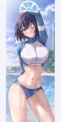 Rule 34 | 1girl, absurdres, arm behind back, arm behind head, arm up, bikini, bikini bottom only, black hair, blue archive, blue bikini, blue eyes, breasts, closed mouth, contrapposto, cowboy shot, crop top, cropped jacket, gluteal fold, hand on own head, highres, jacket, large breasts, long sleeves, looking at viewer, midriff, navel, official alternate costume, one eye closed, pillarboxed, raglan sleeves, raised eyebrow, rash guard, reneua, saki (blue archive), saki (swimsuit) (blue archive), short hair, solo, standing, stomach, swimsuit, thighs, white jacket, zipper
