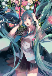 Rule 34 | 00s, 1girl, absurdres, beamed quavers, blue eyes, blue hair, dj.adonis, flower, hatsune miku, highres, long hair, matching hair/eyes, microphone, music, musical note, open mouth, quaver, singing, solo, treble clef, twintails, very long hair, vocaloid