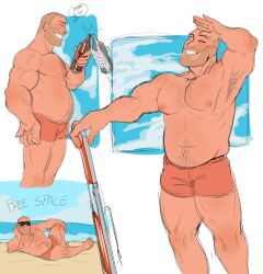 Rule 34 | 1boy, absurdres, bara, beach, beard stubble, belly, buzz cut, chair, chest hair, facial hair, fat, fat man, feet out of frame, folding chair, from side, hairy, heavy (tf2), highres, large pectorals, leg hair, looking up, male focus, male swimwear, mature male, multiple views, muscular, muscular male, mustache stubble, navel hair, ocean, one eye closed, orange male swimwear, pectorals, red heavy (tf2), sand, short hair, sk7f2, sparse chest hair, standing, stubble, swim briefs, team fortress 2, toasting (gesture), very short hair
