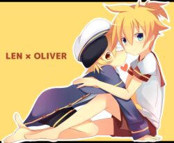 Rule 34 | 2boys, bandage over one eye, barefoot, black shorts, blonde hair, blue coat, blue eyes, brown sailor collar, brown shorts, buttons, cheek-to-cheek, child, coat, hands on another&#039;s shoulders, hat, heads together, high ponytail, highres, hug, kagamine len, kneeling, male focus, meranoreuka (naokentak), messy hair, multiple boys, oliver (vocaloid), ponytail, puffy sleeves, sailor, sailor collar, sailor hat, school uniform, serafuku, shirt, short hair, short ponytail, short puffy sleeves, short sleeves, shorts, simple background, sitting, vocaloid, white shirt, yaoi, yellow background, yellow eyes