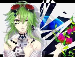 Rule 34 | 1girl, facial mark, flower, goggles, goggles on head, green eyes, green hair, gumi, kyo zip, matching hair/eyes, nail polish, open mouth, red flower, red rose, rose, short hair, solo, vocaloid