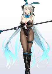 Rule 34 | 1girl, absurdres, animal ears, black bow, black footwear, black gloves, black leotard, blue eyes, boots, bow, bowtie, braid, breasts, brown pantyhose, cleavage, covered navel, detached collar, elbow gloves, fake animal ears, fate/grand order, fate (series), french braid, gloves, grey hair, hair bow, highleg, highleg leotard, highres, knee boots, large breasts, leotard, long hair, looking at viewer, morgan le fay (fate), namaponpon 00, pantyhose, playboy bunny, ponytail, rabbit ears, sidelocks, solo, staff, thighs, very long hair, wrist cuffs