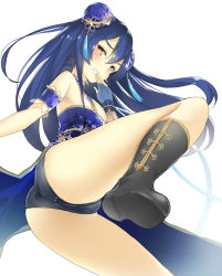 Rule 34 | 1girl, alternate hairstyle, artist name, artist request, bare legs, bare shoulders, black footwear, black panties, blue bow, blue detached collar, blue dress, blue gloves, blue hair, blue wrist cuffs, blush, boot, bow, bracelet, breasts, bun cover, china dress, chinese clothes, cleavage, collar, detached arm, detached collar, double bun, dress, dress bow, female focus, fingerless gloves, floral print, flower bracelet, flower print, frills, gloves, hair between eyes, hair bun, jewelry, light particles, long hair, looking at viewer, love live!, love live! school idol festival, love live! school idol project, panties, parted lips, purple hair, ribbon, sharp teeth, shoes, shorts under dress, simple background, sleeveless, small breasts, smile, solo, sonoda umi, swept bangs, teeth, underwear, white background, white bow, white ribbon, wrist cuffs, yellow eyes