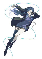 Rule 34 | 1girl, arm up, bad id, bad twitter id, black footwear, black jacket, black thighhighs, blue dress, blue hair, boots, ccnn 29, chain, commentary, dress, full body, highres, holding, holding microphone, jacket, long hair, long sleeves, looking at viewer, microphone, one eye closed, project sekai, shiraishi an, simple background, single thighhigh, solo, thighhighs, very long hair, white background, yellow eyes