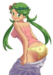 Rule 34 | 1girl, ass, bare shoulders, blush, breasts, butt crack, covered erect nipples, creatures (company), dark-skinned female, dark skin, embarrassed, food print, from behind, game freak, green eyes, green hair, highres, large breasts, long hair, maho (corotonton5150), mallow (pokemon), nintendo, panties, pokemon, pokemon sm, print panties, sleeveless, strawberry panties, strawberry print, twintails, underwear, undressing, very long hair, white background