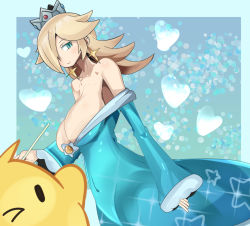 Rule 34 | 1girl, blonde hair, blue background, blue eyes, blush, breasts, brooch, cleavage, crown, dress, dutch angle, earrings, hair over one eye, jewelry, large breasts, long hair, luma (mario), mario (series), nintendo, rosalina, smile, solo, super mario galaxy, wide sleeves