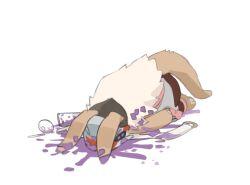 Rule 34 | 1other, androgynous, brown fur, commentary, cup, disposable cup, drinking straw, ears through headwear, face down, fake horns, full body, furry, grimace shake (meme), helmet, horned helmet, horns, knifedragon, lying, made in abyss, meme, milkshake, nanachi (made in abyss), other focus, purple liquid, simple background, solo, spill, tail, white background, white hair