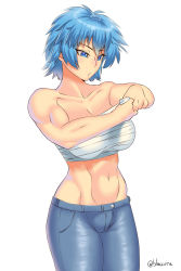 Rule 34 | 1girl, bandages, blaccura, blue eyes, blue hair, breasts, denim, female focus, groin, highres, jeans, large breasts, looking down, matching hair/eyes, muscular, navel, original, pants, sarashi, simple background, solo, thighs, toned, white background