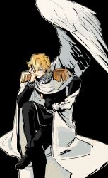 Rule 34 | 1boy, absurdres, angel wings, black background, black pants, blonde hair, blue eyes, cape, curly hair, epaulettes, foot out of frame, ginga eiyuu densetsu, hand on own face, highres, male focus, military uniform, obliviate731, pants, reinhard von lohengramm, simple background, sitting, solo, tears, uniform, white cape, wings