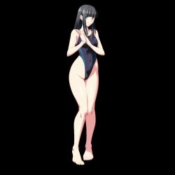 Rule 34 | 1girl, bare shoulders, barefoot, black background, black hair, collarbone, competition swimsuit, covered navel, feet, female focus, full body, game cg, green eyes, highleg, highleg swimsuit, hime cut, hip focus, kikutei nanno, legs, long hair, looking at viewer, multicolored eyes, noriheita, one-piece swimsuit, own hands together, simple background, solo, standing, swimsuit, thigh gap, thighs, toes, tokunou shirumamire!