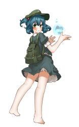 Rule 34 | 1girl, amonitto, backpack, bag, barefoot, blue hair, blush, bubble, full body, green eyes, hair bobbles, hair ornament, hat, kawashiro nitori, looking at viewer, looking back, puffy sleeves, shirt, short sleeves, simple background, skirt, skirt set, smile, solo, touhou, twintails, two side up, water, white background