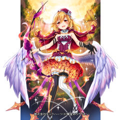 Rule 34 | 1girl, arm strap, asymmetrical legwear, black gloves, blonde hair, blush, bow (weapon), capelet, clothing cutout, dress, frilled dress, frills, garter straps, gloves, hat, hoshi no rebellion, light rays, long hair, looking at viewer, low wings, mismatched legwear, official art, open mouth, red eyes, ririkuto, side cutout, single glove, solo, strapless, strapless dress, thighhighs, weapon, white wings, wings