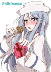 Rule 34 | 1girl, \n/, blouse, blue eyes, blue neckerchief, blush, box, commentary, dixie cup hat, emblem, flint (girls und panzer), frown, gift, girls und panzer, hat, heart-shaped box, highres, holding, holding gift, holding microphone, kibimoka, long hair, long sleeves, looking at viewer, microphone, military hat, neckerchief, one-hour drawing challenge, ooarai naval school uniform, open mouth, pinky out, sailor, sailor collar, school uniform, shadow, shark, shirt, silver hair, simple background, solo, standing, twitter username, upper body, white background, white hat, white shirt