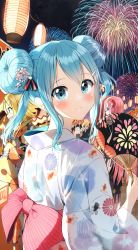 Rule 34 | 1boy, 3girls, aerial fireworks, black kimono, blonde hair, blue eyes, blue hair, blue nails, bow, brother and sister, closed mouth, commentary request, double bun, fireworks, floral print, flower, hair bun, hair flower, hair ornament, hand fan, hatsune miku, highres, holding, holding fan, japanese clothes, kagamine len, kagamine rin, kimono, lantern, long hair, long sleeves, looking at viewer, looking back, market stall, megurine luka, multiple girls, nail polish, night, night sky, obi, outdoors, paper fan, paper lantern, pentagon (railgun ky1206), pink bow, pink hair, print kimono, purple eyes, red flower, sash, siblings, sky, striped, striped bow, summer festival, twintails, uchiwa, upper body, vocaloid, white flower, white kimono, wide sleeves