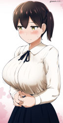 Rule 34 | 1girl, blue neckerchief, blue skirt, blush, breasts, brown hair, closed mouth, collared shirt, commentary request, embarrassed, fidgeting, highres, kaga (kancolle), kantai collection, large breasts, looking away, looking down, meme attire, neckerchief, one side up, shirt, short hair, side ponytail, skirt, solo, tomato rice, twitter username, upper body, white shirt, wing collar, yellow eyes
