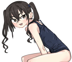 Rule 34 | 1girl, between legs, black eyes, black hair, blue one-piece swimsuit, blush, breasts, commentary request, hair between eyes, hand between legs, idolmaster, idolmaster cinderella girls, long hair, looking at viewer, matangom, mole, mole under eye, one-piece swimsuit, open mouth, school swimsuit, simple background, sitting, sketch, small breasts, solo, sunazuka akira, swimsuit, twintails, wet, white background