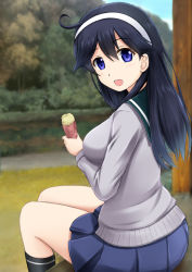 Rule 34 | 10s, 1girl, :d, ahoge, black hair, blurry, blush, breasts, depth of field, food, fuuma nagi, hairband, holding, jacket, kantai collection, long hair, looking at viewer, looking to the side, open mouth, pleated skirt, purple eyes, roasted sweet potato, school uniform, serafuku, sitting, skirt, smile, solo, sweater jacket, sweet potato, ushio (kancolle), roasted sweet potato
