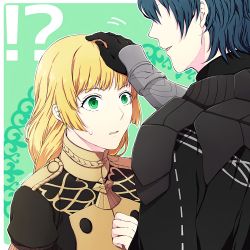 Rule 34 | !, !?, 1boy, 1girl, ?, black gloves, blonde hair, blue hair, byleth (fire emblem), byleth (male) (fire emblem), cape, fire emblem, fire emblem: three houses, garreg mach monastery uniform, gloves, green background, green eyes, hand on another&#039;s head, head pat, ingrid brandl galatea, nintendo, ponytail, surprised, totototope
