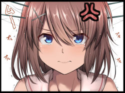 Rule 34 | 10s, 1girl, 3:, :|, anger vein, black border, blue eyes, border, brown hair, close-up, closed mouth, hair between eyes, hair ornament, hairclip, headgear, kantai collection, looking at viewer, maya (kancolle), portrait, pout, short hair, simple background, solo, tai (nazutai), tears, trembling, white background, x hair ornament