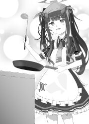 Rule 34 | 1girl, :d, absurdres, apron, blue archive, blunt bangs, commentary request, cooking, demon girl, demon horns, frilled apron, frills, frying pan, fuuka (blue archive), greyscale, halo, headwear request, highres, holding, holding frying pan, holding ladle, horns, indoors, kitchen, ladle, long hair, long sleeves, looking at viewer, monochrome, nekokan, open mouth, pleated skirt, sidelocks, simple background, skirt, smile, solo, twintails